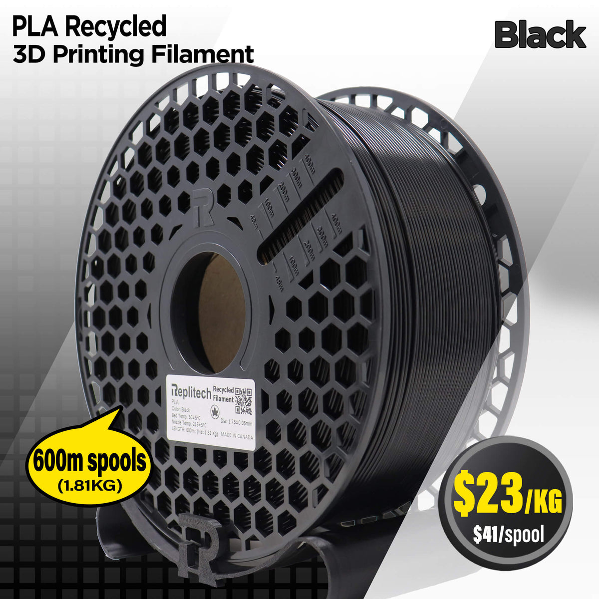 PLA RECYCLED Black, 1.75mm, Tolerance ±0.05mm
