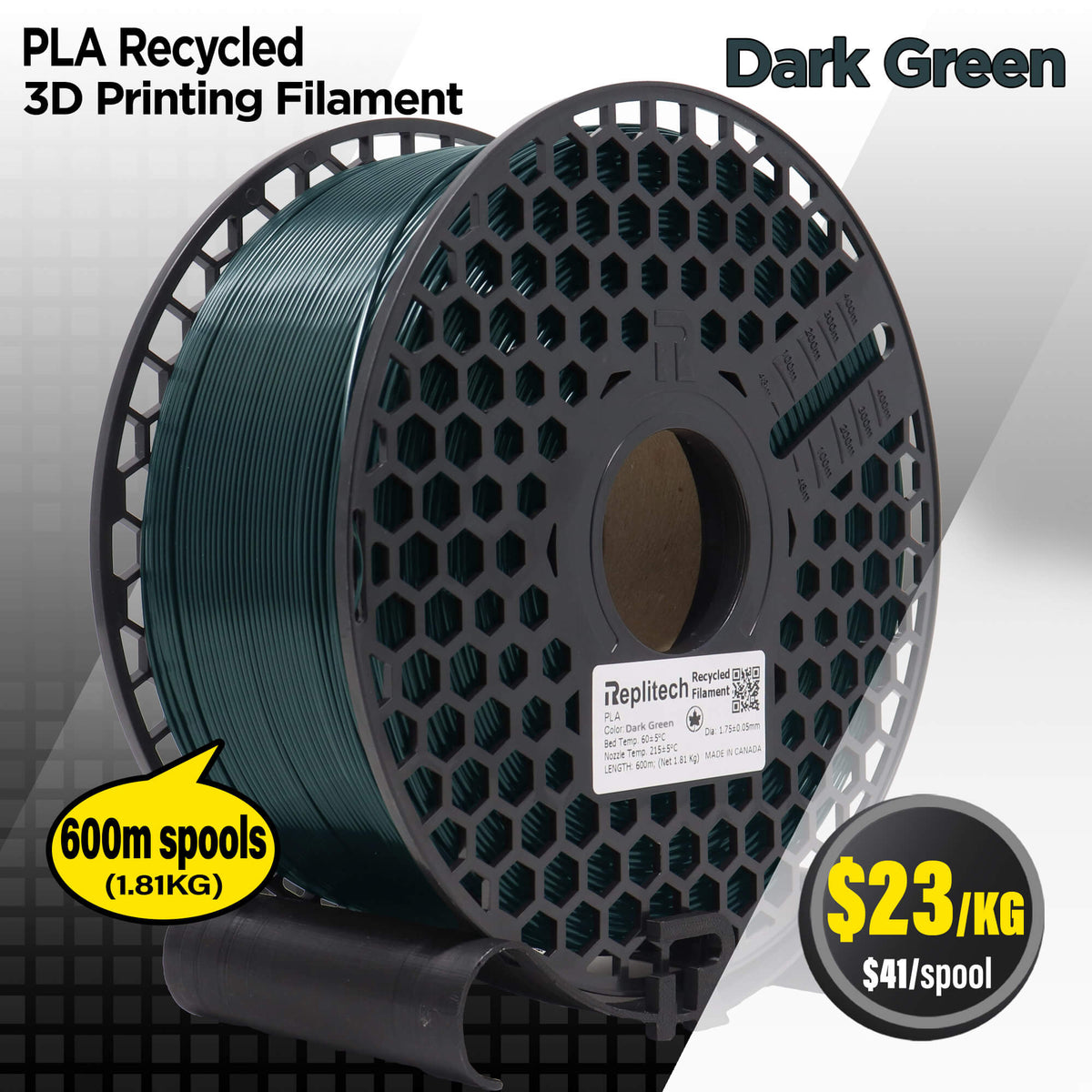 PLA RECYCLED Dark Green, 1.75mm, Tolerance ±0.05mm
